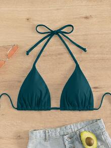 Swim Basics Women's Solid Color Halter Neck Tie Bikini Top For Beach Vacation - Teal Blue - View 4