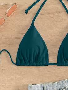 Swim Basics Women's Solid Color Halter Neck Tie Bikini Top For Beach Vacation - Teal Blue - View 6