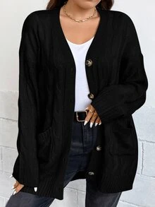 SHEIN Clasi Plus Drop Shoulder Pocket Patched Cardigan, For Winter Fall - Black - View 7