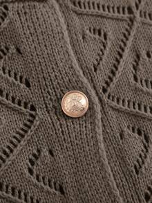 SHEIN Clasi Plus Pointelle Knit Drop Shoulder Cardigan Autumn Office Club Brown Soft Form Elegant - Coffee Brown - View 4