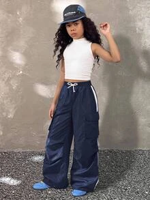 Coolane Kids Celana Kargo Abu-abu Parasut untuk Remaja Perempuan Musim Gugur/Dingin Streetwear Sport Basic dengan Saku Lipat dan Tali Serut di Samping Pinggang - Biru - View 2