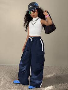 Coolane Kids Celana Kargo Abu-abu Parasut untuk Remaja Perempuan Musim Gugur/Dingin Streetwear Sport Basic dengan Saku Lipat dan Tali Serut di Samping Pinggang - Biru - View 4