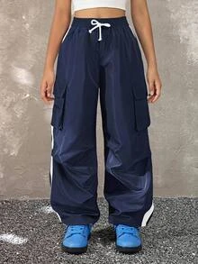 Coolane Kids Celana Kargo Abu-abu Parasut untuk Remaja Perempuan Musim Gugur/Dingin Streetwear Sport Basic dengan Saku Lipat dan Tali Serut di Samping Pinggang - Biru - View 3