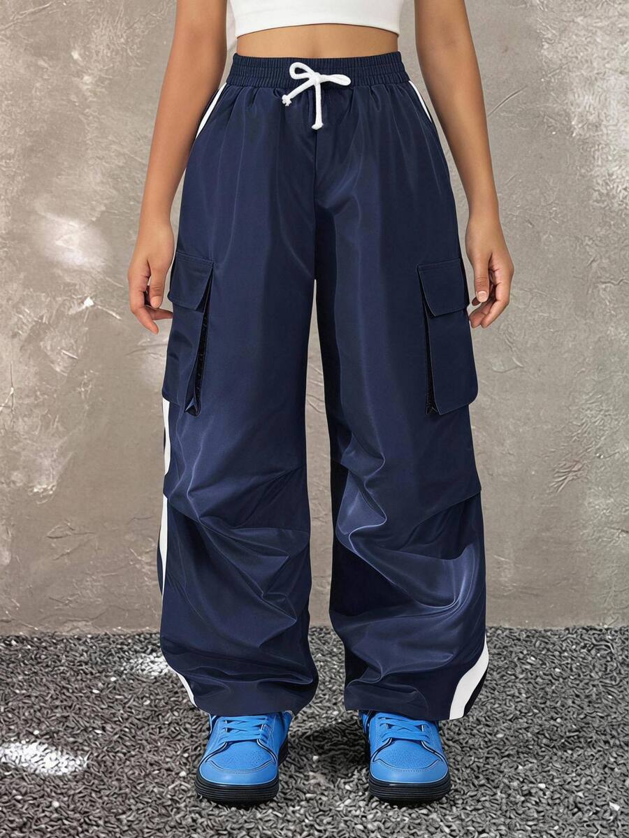 Coolane Kids Tween Girls Fall/Winter Streetwear Sport Basic Flap Pocket Side Drawstring Waist Parachute Grey Cargo Pants - Blue - View 1