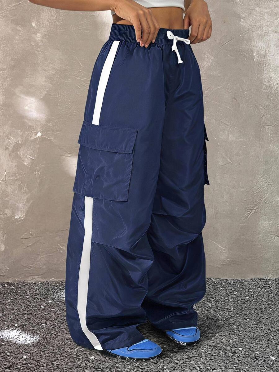 Coolane Kids Celana Kargo Abu-abu Parasut untuk Remaja Perempuan Musim Gugur/Dingin Streetwear Sport Basic dengan Saku Lipat dan Tali Serut di Samping Pinggang - Biru - View 1