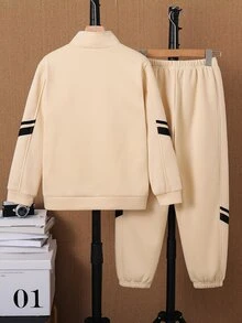 SHEIN Little Byeori 兒童青少年男孩休閒韓風寬鬆運動戶外全開襟立領杏色夾克與束口長褲兩件套，適合秋冬休閒運動風 - 杏色 - 查看 6