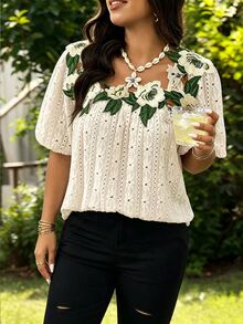 Weeklong Plus Size Casual Summer Floral Embroidery Short Sleeve T-Shirt - Apricot - View 1