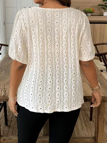 Weeklong Plus Size Casual Summer Floral Embroidery Short Sleeve T-Shirt - Apricot - View 2