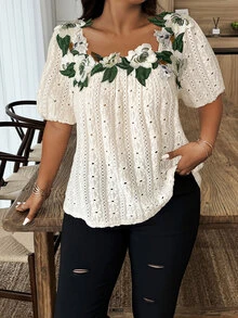 Weeklong Plus Size Casual Summer Floral Embroidery Short Sleeve T-Shirt - Apricot - View 4