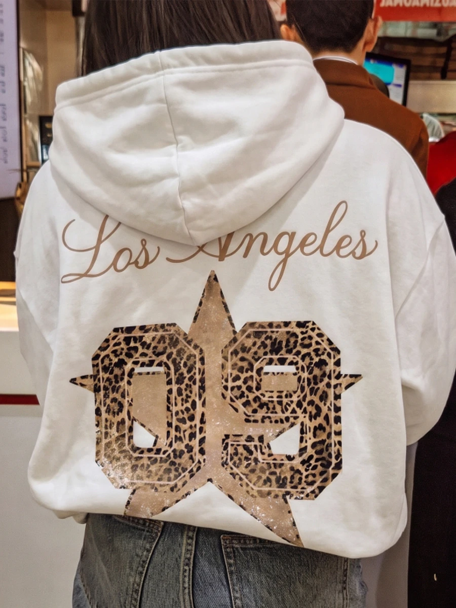 IslaSuriya Women's Casual Streetwear Leopard Print Star Print Hooded Sweatshirt, Suitable For Autumn And Winter, Sporty Style School White Animal Print - White - View 1
