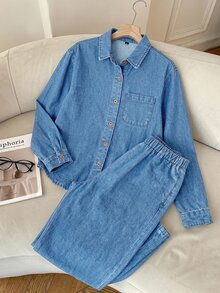Comfortcana Women Denim Two-Piece Outfits Work Outfits For Women - Medium Wash - View 7