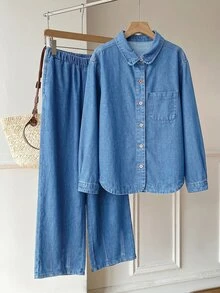 Comfortcana Women Denim Two-Piece Outfits Work Outfits For Women - Medium Wash - View 2