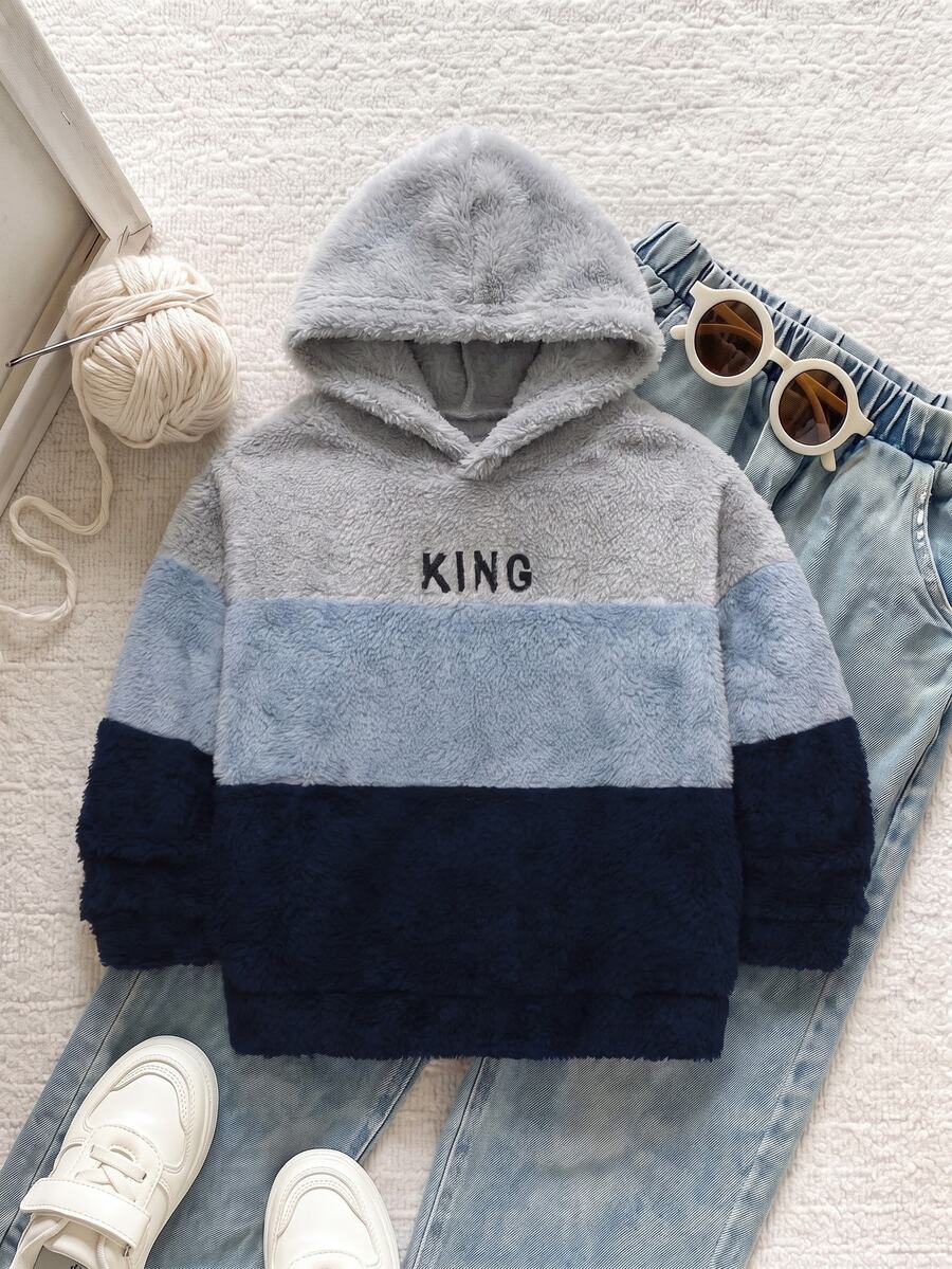 PrepCrw Kids Young Boy Comfortable, Casual, Fashionable, Soft, Warm Dopamine Plush Autumn Sweatshirt With Color And Letter Print, Suitable For Winter. - Multicolor - View 1