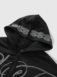 ROMWE MEN Paul Frank X ROMWE Hoodie Lengan Panjang Pria dengan Hiasan Huruf Rhinestone dan Resleting - Hitam - View 5