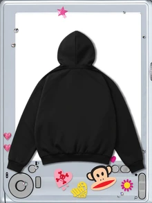 ROMWE MEN Paul Frank X ROMWE Hoodie Lengan Panjang Pria dengan Hiasan Huruf Rhinestone dan Resleting - Hitam - View 7