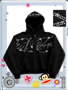 ROMWE MEN Paul Frank X ROMWE Hoodie Lengan Panjang Pria dengan Hiasan Huruf Rhinestone dan Resleting - Hitam - View 8