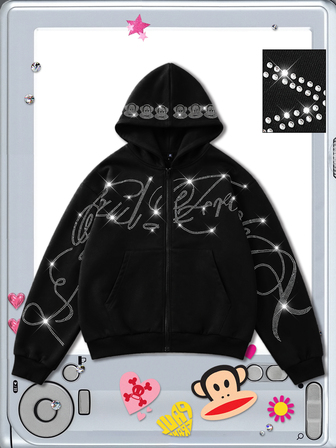 Paul Frank X ROMWE Felpa con cappuccio da uomo con chiusura lampo, maniche lunghe e lettere in strass