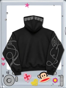 ROMWE MEN Paul Frank X ROMWE Hoodie Lengan Panjang Pria dengan Hiasan Huruf Rhinestone dan Resleting - Hitam - View 2