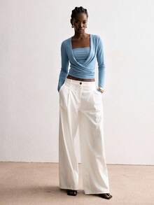 ATUI Studio Cross Wrapped Fake Gray Long Sleeved Top, Square Neckline, Minimalist Daily Commuting T-Shirt - Blue - View 3