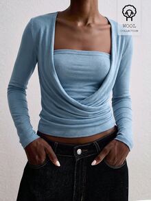 ATUI Studio Cross Wrapped Fake Gray Long Sleeved Top, Square Neckline, Minimalist Daily Commuting T-Shirt - Blue - View 4