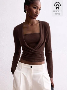 ATUI Studio Cross Wrapped Fake Gray Long Sleeved Top, Square Neckline, Minimalist Daily Commuting T-Shirt - Coffee Brown - View 1