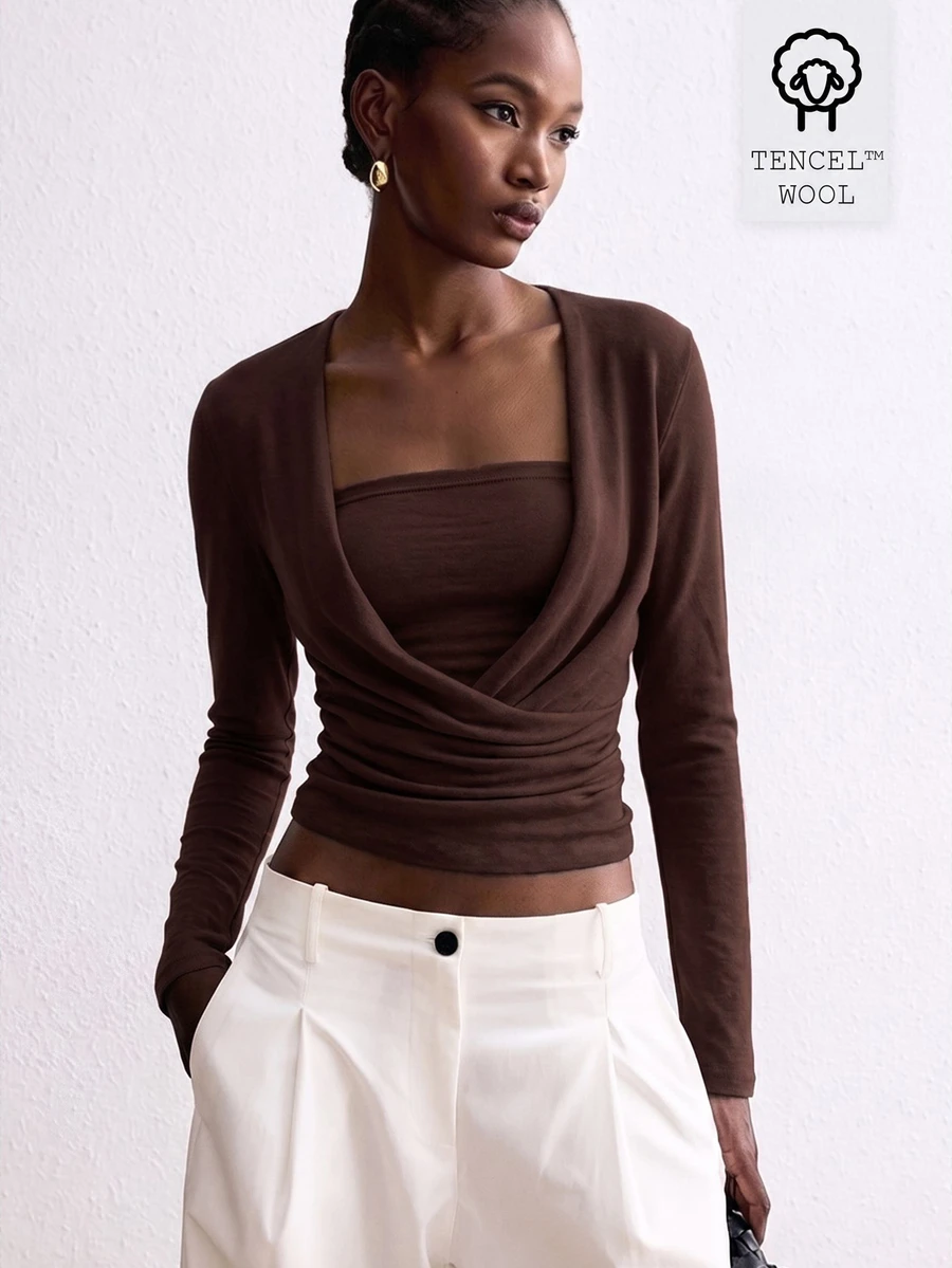 ATUI Studio Cross Wrapped Fake Gray Long Sleeved Top, Square Neckline, Minimalist Daily Commuting T-Shirt - Coffee Brown - View 1
