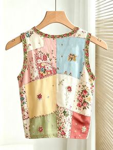 Vaclyn Women's Patchwork Pattern Sleeveless Round Neck Button Casual Fashion Tank Top - Multicolor - View 2