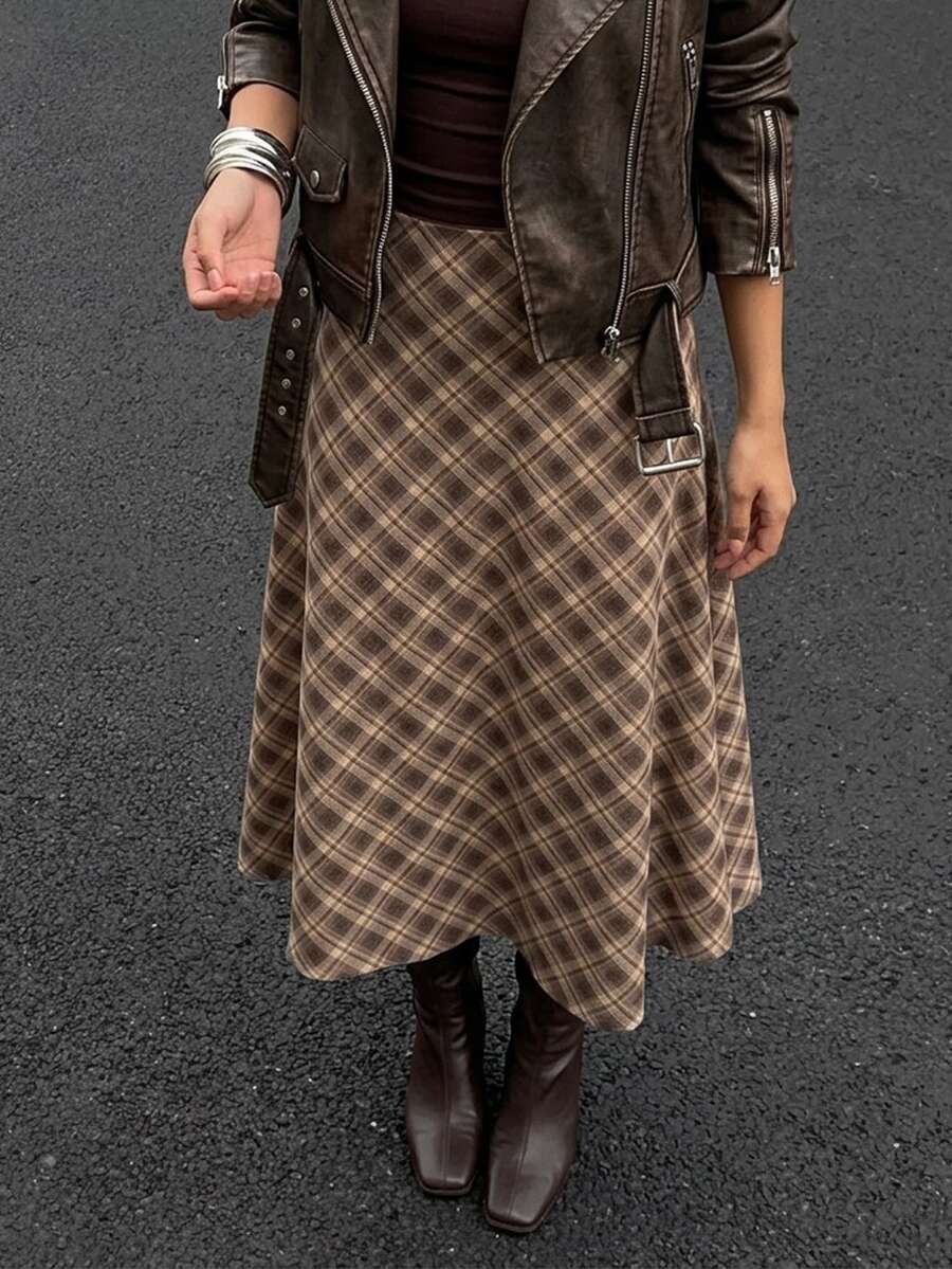 Firerie Women's All-Over Print Brown Plaid Plaid Plaid Pattern Elegant 70s A-Line Skirt Back-To-School Office Brunch Autumn Teachers' Day - Brown - View 1