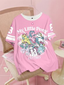 My Little Pony X SHEIN Plus Size Cute Cartoon Print Crew Neck Short Sleeve T-Shirt - White - View 1