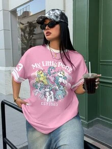 My Little Pony X SHEIN Plus Size Cute Cartoon Print Crew Neck Short Sleeve T-Shirt - White - View 3