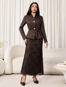 Veilorie Women's Solid Color Long Sleeve Jacket And Pants Casual Commute Suit Set - Mocha Brown - View 6