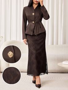 Veilorie Women's Solid Color Long Sleeve Jacket And Pants Casual Commute Suit Set - Mocha Brown - View 2