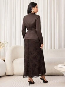 Veilorie Women's Solid Color Long Sleeve Jacket And Pants Casual Commute Suit Set - Mocha Brown - View 4