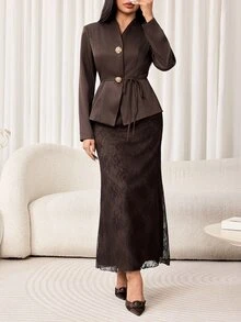 Veilorie Women's Solid Color Long Sleeve Jacket And Pants Casual Commute Suit Set - Mocha Brown - View 8