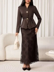 Veilorie Women's Solid Color Long Sleeve Jacket And Pants Casual Commute Suit Set - Mocha Brown - View 5