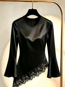 SHEIN Franclia Blus Wanita Lengan Panjang dengan Hiasan Renda dan Hem Asimetris - Hitam - View 1