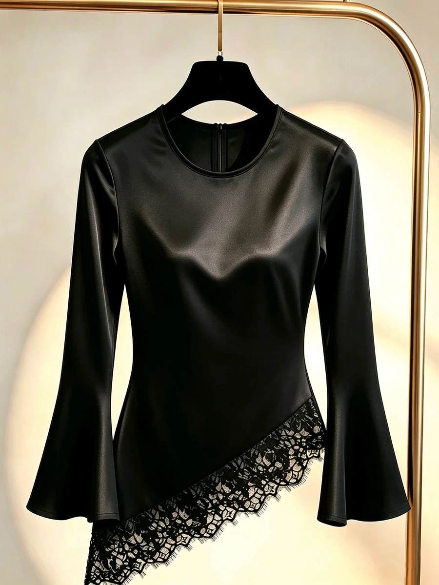 SHEIN Franclia Blus Wanita Lengan Panjang dengan Hiasan Renda dan Hem Asimetris - Hitam - View 1