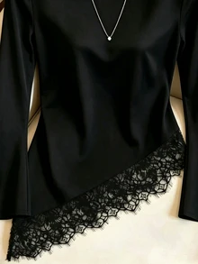 SHEIN Franclia Blus Wanita Lengan Panjang dengan Hiasan Renda dan Hem Asimetris - Hitam - View 4
