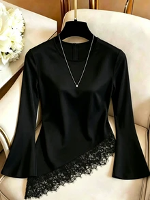 SHEIN Franclia Blus Wanita Lengan Panjang dengan Hiasan Renda dan Hem Asimetris - Hitam - View 3