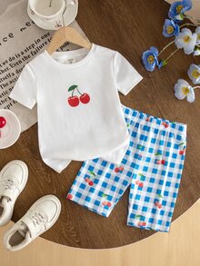 SHEIN Young Girl's Short Sleeve Pajama Set, Summer Thin Knit, Print, Comfortable Snug Fit - Blue - View 1