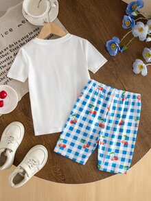 SHEIN Young Girl's Short Sleeve Pajama Set, Summer Thin Knit, Print, Comfortable Snug Fit - Blue - View 2