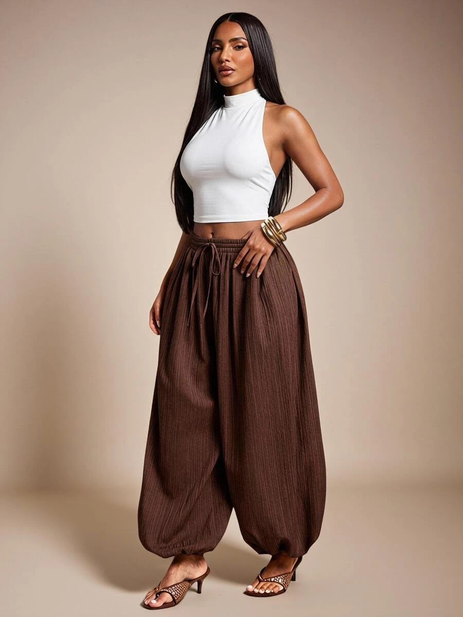 Radiana Casual Boho Dark Brown Low Waist Lantern Pants Loose Fashion Commute Beach Autumn - Coffee Brown - View 1