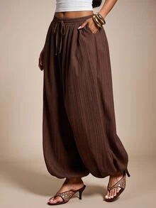Radiana Casual Boho Dark Brown Low Waist Lantern Pants Loose Fashion Commute Beach Autumn - Coffee Brown - View 3