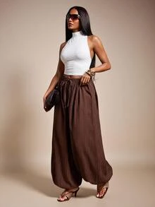 Radiana Casual Boho Dark Brown Low Waist Lantern Pants Loose Fashion Commute Beach Autumn - Coffee Brown - View 2