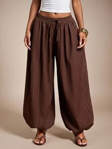 Radiana Casual Boho Dark Brown Low Waist Lantern Pants Loose Fashion Commute Beach Autumn - Coffee Brown - View 5