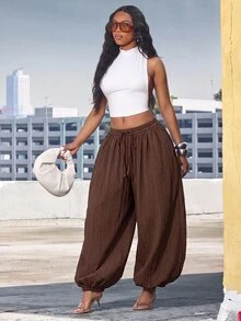 Radiana Casual Boho Dark Brown Low Waist Lantern Pants Loose Fashion Commute Beach Autumn - Coffee Brown - View 7