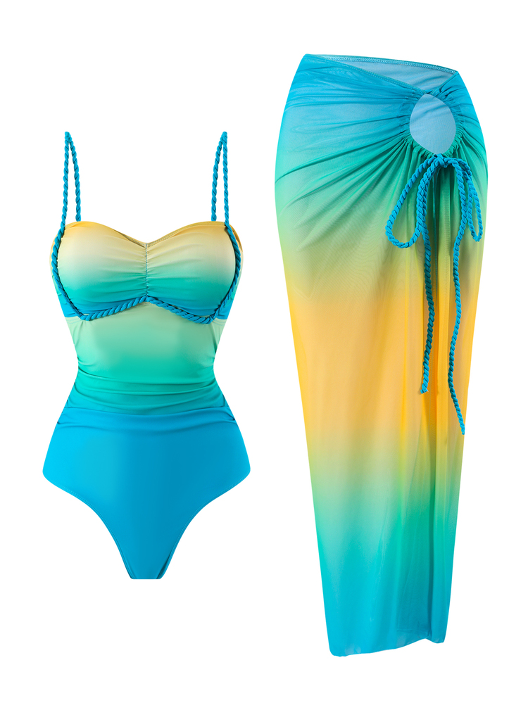 Bonvoyette Women's Sexy Ombre Digital Print One-Piece Swimsuit With Gradient Mesh Skirt, Suitable For Beach Vacation In Spring, Summer And Autumn - Green - View 5