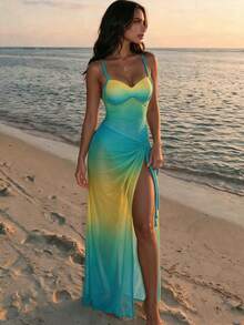 Bonvoyette Women's Sexy Ombre Digital Print One-Piece Swimsuit With Gradient Mesh Skirt, Suitable For Beach Vacation In Spring, Summer And Autumn - Green - View 4