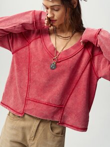 Bohemela كنزة نسائية كاجوال بلون موحد محبوكة بياقة على شكل حرف V وقصة فضفاضة - الأحمر - مشاهدة 5