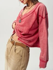 Bohemela كنزة نسائية كاجوال بلون موحد محبوكة بياقة على شكل حرف V وقصة فضفاضة - الأحمر - مشاهدة 6